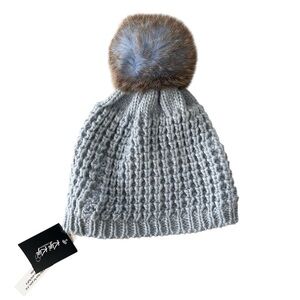 Kyi Kyi Canansa Light Blue Knit Beanie with Fur Pom